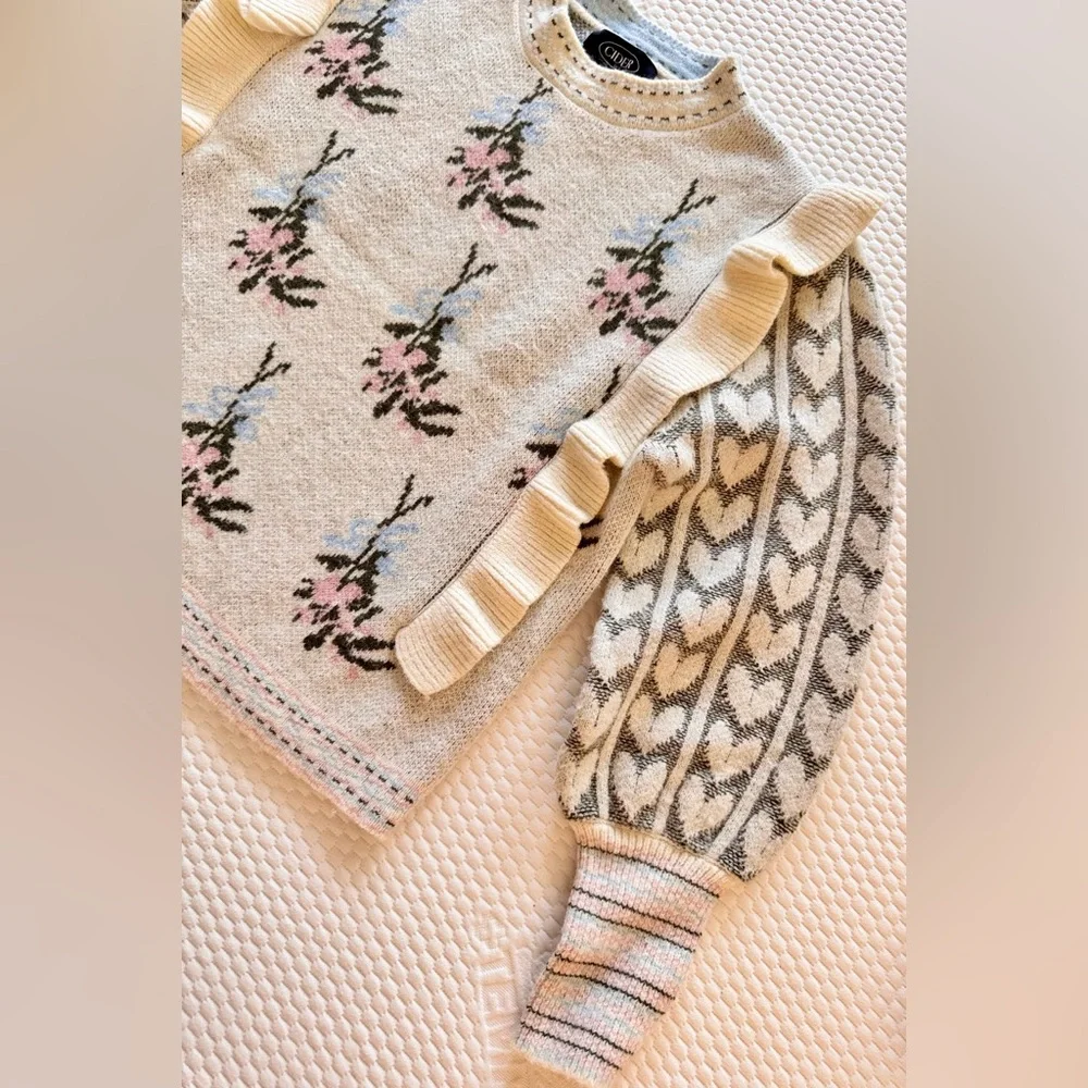 CIDER Ruffle Cream Pink Blue Knit Sweater w Balloon Sleeves like LOVESHACK FANCY